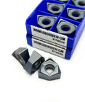 Hexagon Fast Feed Carbide Milling Inserts For Lathe Tools Compatible With KT8030 KT8060 10 PCS Pro Grade Turning And Milling Inserts For Steel Iron Aluminum Alloys, shown in blue storage box and individual pieces displayed.
