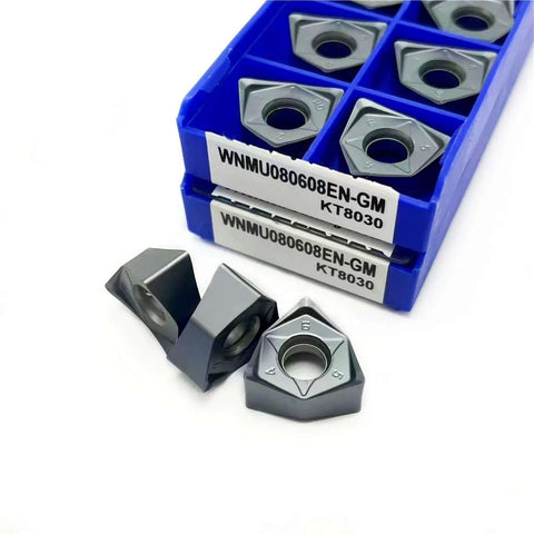 Hexagon Fast Feed Carbide Milling Inserts For Lathe Tools Compatible With KT8030 KT8060 10 PCS Pro Grade Turning And Milling Inserts For Steel Iron Aluminum Alloys, shown in blue storage box and individual pieces displayed.