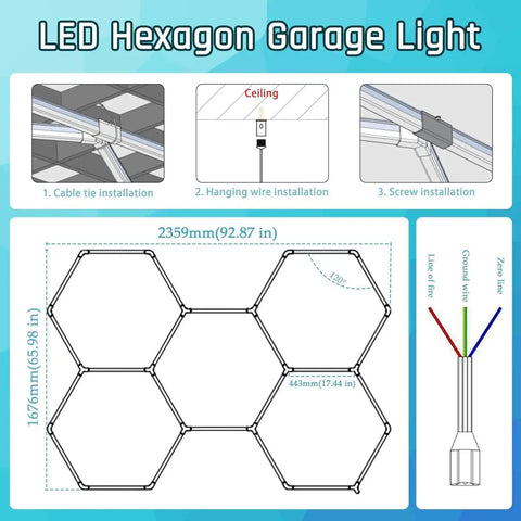Hexagon LED Garage Light Fixture Dope Bright 6500K 156W 17280LM installation and wiring diagram with dimensions.