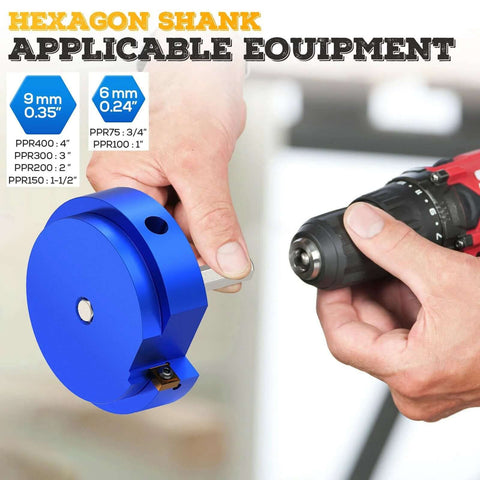 Heavy-Duty 3 Inch PVC Pipe Reamer for Standard One-Half Inch Drills Socket Saver held next to a drill for Schedule 40 PVC CPVC ABS Pipes