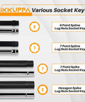 Image showing various socket keys, including 6 point spline, 7 point spline, and hexagon spike lug nuts socket key.