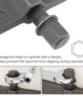 Close-up of hexagonal head on heavy duty 8 inch two jaw gear puller showing flange on spindle for secure operation.