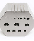 Heavy Duty Hexagonal Steel Riveting Block For Precision Riveting And Staking Bench Wizard Quality 2 Inch Across Corners With 15 Holes From 3/64 To 1/4 Inch And 5 Dedicated Wire Rivet Slots And A 7/8 Inch Thick Body.