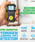 Handheld hydrogen fluoride gas detector with USA NIST traceable calibration, USB recharge, 0-10 ppm HF range, electrochemical sensor.