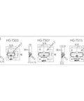 Technical drawing showing measurements of Sugatsune Lamp Mark HG-TS07 Torque Hinge For HG-TS Type and other variants, in black and white.