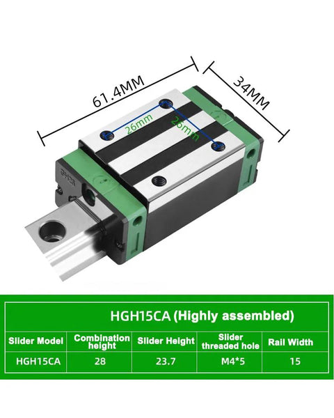 Rock Solid HGH15CA Linear Slider Bearing Block for CNC with dimensions in steel, shown at various angles and measurements