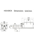 Technical diagram of HGH20CA Bearing Block Slider for HGR20 Linear Rails with dimensions and unit measurements in mm.