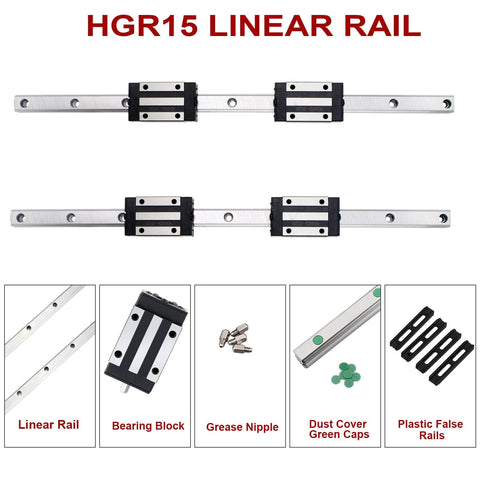 600mm Linear Rail HGR15 Set with 2 Rails and 4 HGH15CA Carriage Slider Blocks CNC Linear Guide Kit components on display.
