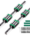 Budget Friendly HGR20 Linear Guide Rail Set with 2 rails and 4 bearing blocks, visible screws and tool, for DIY CNC routers, lathes, mills.