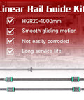 HGR20 Linear Motion Kit with 2pcs 1000mm Rails and SFU1605 1000mm Ball Screw image showing components and features description.