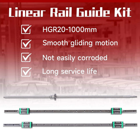 HGR20 Linear Motion Kit with 2pcs 1000mm Rails and SFU1605 1000mm Ball Screw image showing components and features description.