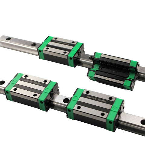 2Pcs HGR20 200mm Linear Rail with green slide blocks for DIY CNC routers and mills.