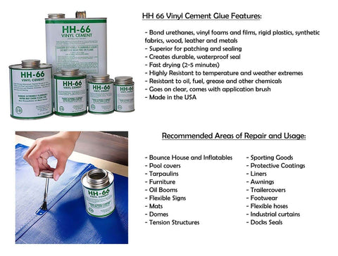 Several cans of HH-66 vinyl cement with a person using it on blue fabric, highlighting repair features and uses.