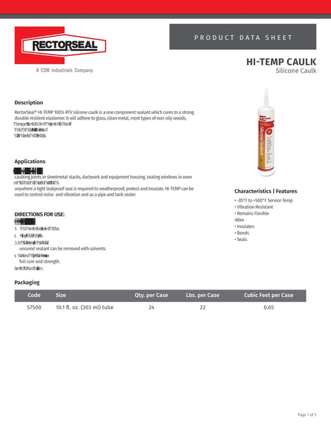 Hi-Temp 100 Percent RTV Silicone Sealant For High Temp Plumbing, 10.1 Oz Cartridge 24 Pack product data sheet.