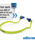 High visibility green and blue reusable banded earplugs for work hearing protection with neck cord 25 decibels noise reduction.