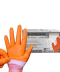 Hi Vis Orange Nitrile Gloves Raised Diamond Texture 8 Mil Large Box Of 50 with a hand wearing a glove