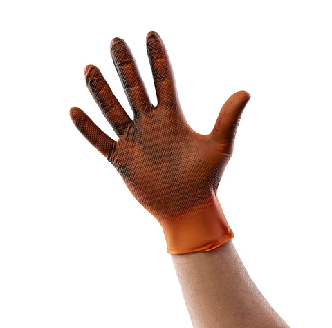 Hi-Visibility Orange Nitrile Gloves 8 Mil Thick Diamond Texture Grip 50 Count shown on hand, close-up