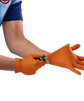 Hi-Visibility Orange Nitrile Gloves 8 Mil Thick Diamond Texture Grip 50 Count, person wearing gloves using a tool