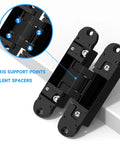 Discreet 5 Point 5 Inch Hidden Door Hinges Set showing 4 axis support points and 6 silent spacers for 180 degree swing operation