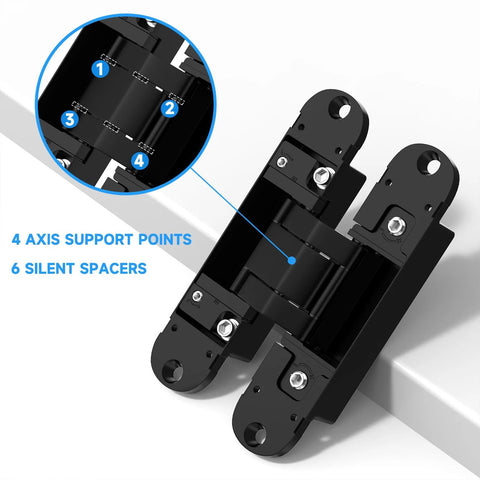 Discreet 5 Point 5 Inch Hidden Door Hinges Set showing 4 axis support points and 6 silent spacers for 180 degree swing operation