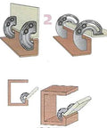 Diagram of a two-piece hidden 90 degree carbon steel sliding limit hinge installation for internal wood doors and furniture.