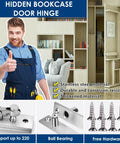 Heavy Duty Pivot Hinge For Wood Doors With Stainless Steel Hidden Door Hardware for secret doors and bookshelves, shown with installation and parts