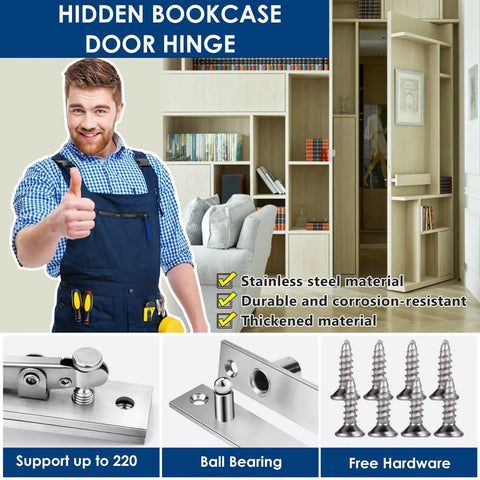 Heavy Duty Pivot Hinge For Wood Doors With Stainless Steel Hidden Door Hardware for secret doors and bookshelves, shown with installation and parts