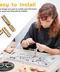 Image of a person assembling a bead necklace next to Hidden Brass Hinges 20 Pack 20x4mm Concealed Hinge Set for jewelry boxes.