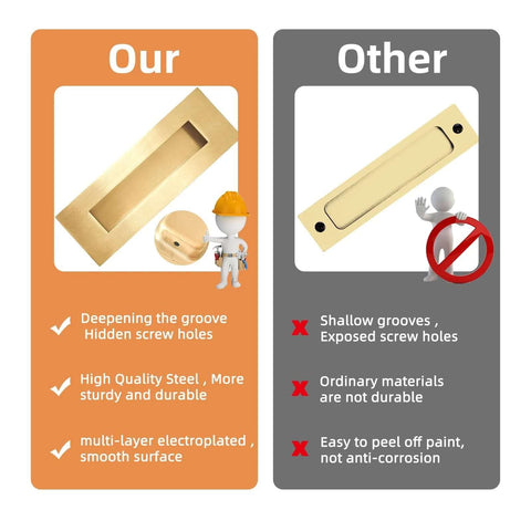 Comparison of hidden groove gold finish pocket door pull versus exposed screw groove, highlighting quality and durability differences.