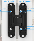 Discreet 5 Point 5 Inch Hidden Door Hinges Set for 180 Degree Swing Concealed Hinges showing adjustment directions