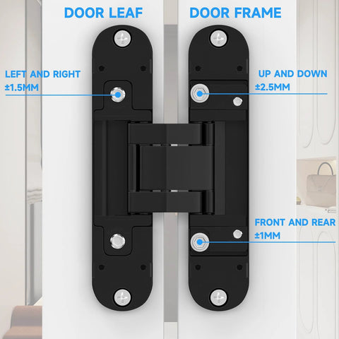 Discreet 5 Point 5 Inch Hidden Door Hinges Set for 180 Degree Swing Concealed Hinges showing adjustment directions