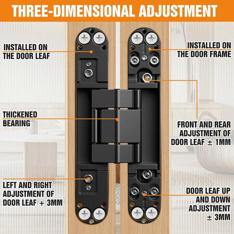 Diagram of Hidden Door Hinge Kit 6 Inch Concealed Hinge Set for invisible doors with 180 degree swing and 3 way adjustable features.