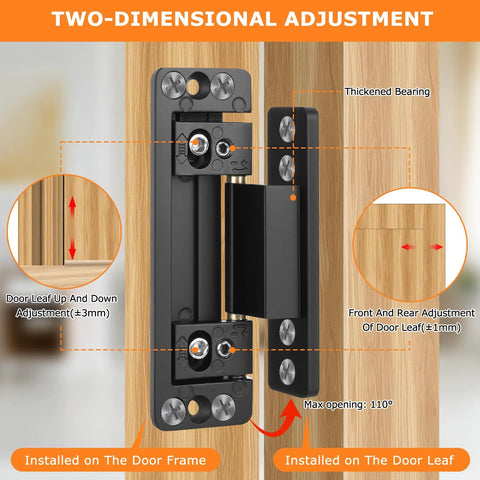 Slim Concealed Hidden Door Hinges 2Pack Heavy Duty Adjustable Invisible Hinge Kit for Secret Doors shown installed on wood with adjustment details
