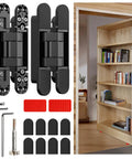 Ultra Quiet Hidden Door Hinge With 3D Micro Adjustable Fit for flush hidden doors and cabinets shown with installation kit and bookshelf door