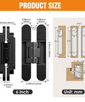 Product size diagram of Hidden Door Hinge Kit 6 Inch Concealed Hinge Set in black finish with detailed measurements in mm and inches