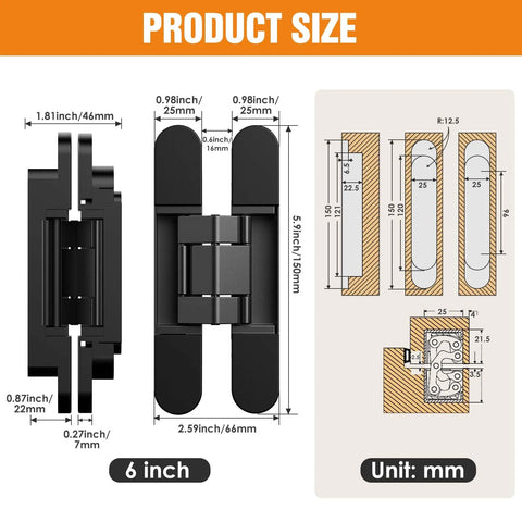 Product size diagram of Hidden Door Hinge Kit 6 Inch Concealed Hinge Set in black finish with detailed measurements in mm and inches