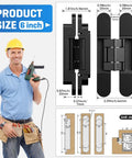 Ultra Quiet Hidden Door Hinge With 3D Micro Adjustable Fit for Flush Hidden Doors and Cabinets, dimensions and design