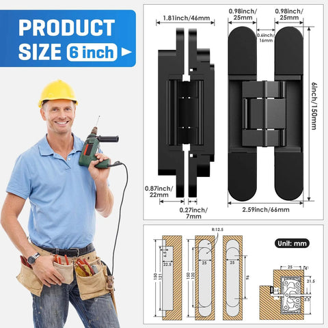 Ultra Quiet Hidden Door Hinge With 3D Micro Adjustable Fit for Flush Hidden Doors and Cabinets, dimensions and design