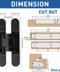 Dimension diagram for Hidden Door Hinges 6 Inch Concealed Butt Hinge Zinc Alloy 180 Degree Swing 3 Way Adjustable Black 2 Pack
