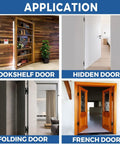 Application examples of Ultra Thin 5 Inch Hidden Door Hinges for Secret Doors, showing bookshelf, hidden, folding, and French doors.