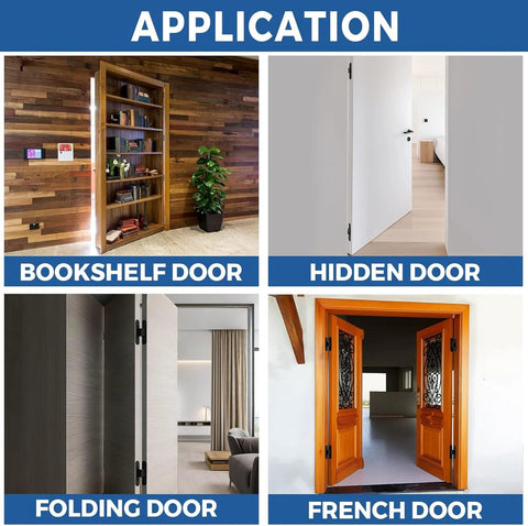 Application examples of Ultra Thin 5 Inch Hidden Door Hinges for Secret Doors, showing bookshelf, hidden, folding, and French doors.