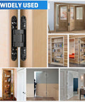 Collage showing ultra quiet hidden door hinge with 3D micro adjustable fit, 180 degree silent swing, in various room installations.