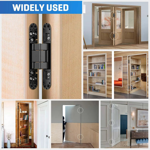 Collage showing ultra quiet hidden door hinge with 3D micro adjustable fit, 180 degree silent swing, in various room installations.