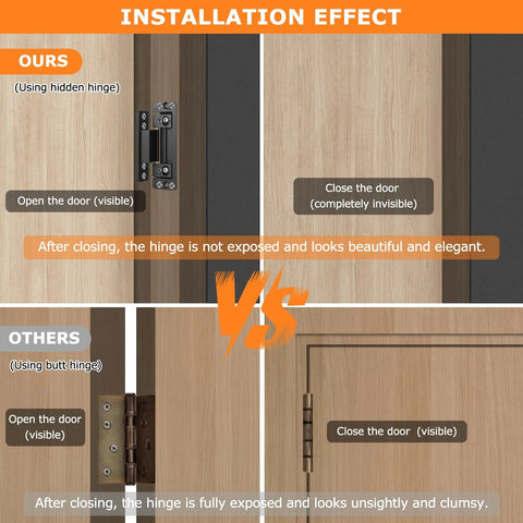 Comparison of installed hidden and butt hinges showing visibility and elegance of Slim Concealed Hidden Door Hinges 2Pack Heavy Duty Adjustable Invisible Hinge Kit For Secret Doors Bookcase Shelf And Murphy Doors Supports Up To 110 Lbs Ultralow Profile Keeps Doors Invisible And Strong Easy Install For Cabinets Closets And Hidden Rooms.
