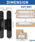 Illustration of Hidden Door Hinge Set Black 7 Inch 3 Way Adjustable Concealed Zinc Alloy Invisible Hinge dimensions and cutout