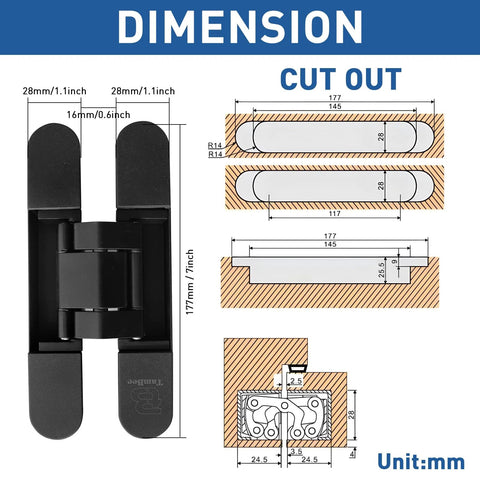 Illustration of Hidden Door Hinge Set Black 7 Inch 3 Way Adjustable Concealed Zinc Alloy Invisible Hinge dimensions and cutout