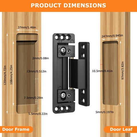 Product dimensions of Slim Concealed Hidden Door Hinges 2Pack Heavy Duty Adjustable Invisible Hinge Kit shown with measurements