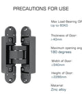 Hidden Door Hinge Set Gunmetal Grey 180 Degree Adjustable Concealed and Invisible Hinge 2PCS with specifications shown