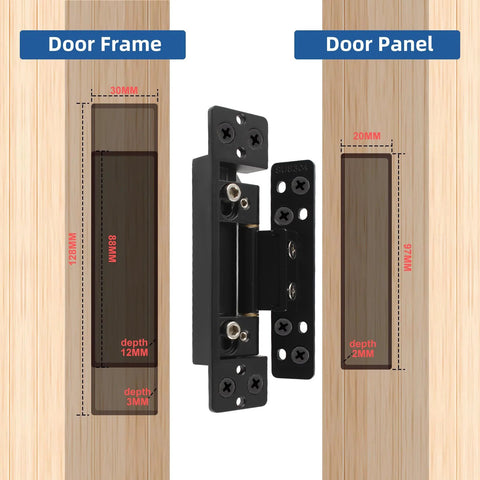 Installation diagram of Ultra Thin 5 Inch Hidden Door Hinges for Secret Doors, 304 Stainless Steel, showing dimensions on door frame and panel.