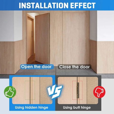 Illustration of Ultra Quiet Hidden Door Hinge With 3D Micro Adjustable Fit, showing open and closed door effect with comparison to butt hinge.